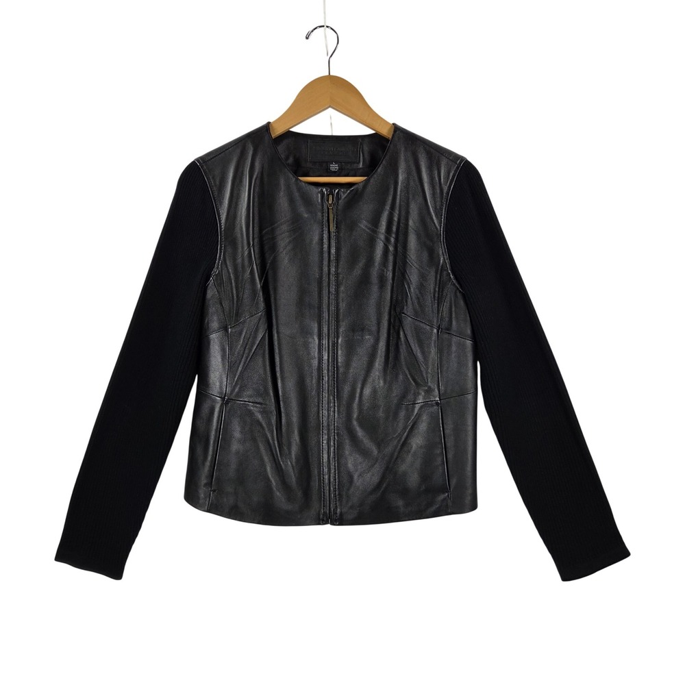 Jaclyn Smith Classic Black Genuine Leather Ribbed Knit Zip Front Jacket Large